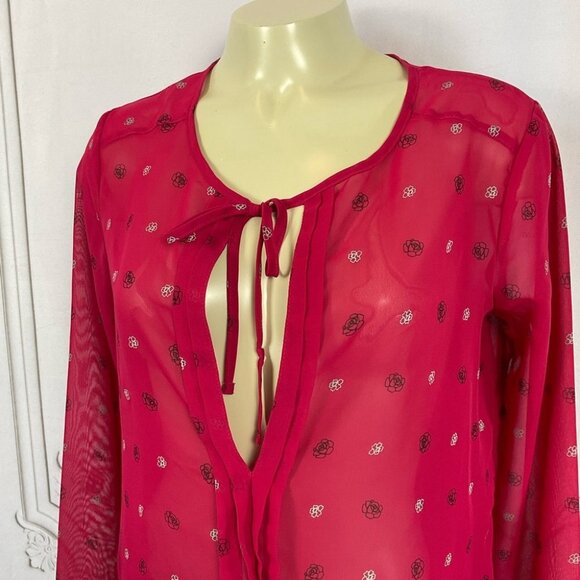 Mudd Sheer Blouse Deep V-Neck Pleated Front Pink Floral Long Sleeve Medium Top - Picture 2 of 5